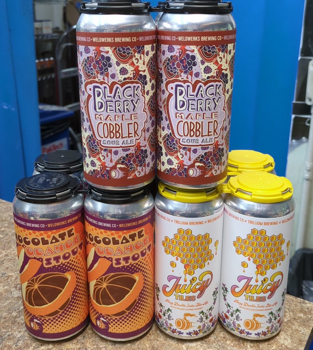 YankeeSpirits's tweet photo. In stock from @WeldWerksBrewCo BlackBerry Maple Cobbler Sour, Chocolate Orange Stout &amp; Juicy Tiles Hazy DIPA w/ Wildflower Honey Brewed in Collab w/ @trilliumbrewing . #YSAttleboroBeer #YSBeer https://t.co/L0Y2IiKB1R