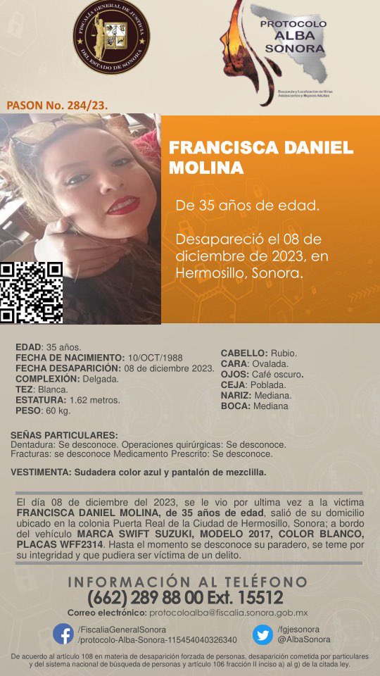 cynthiagarama's tweet photo. 🔴Se solicita a la ciudadanía su colaboración en la difusión de la cédula de Protocolo Alba para la búsqueda y pronta localización de FRANCISCA DANIEL MOLINA, de  35 años de edad. Desapareció el  08 de diciembre de 2023, en Hermosillo, Sonora. https://t.co/y9NDzHV37j
