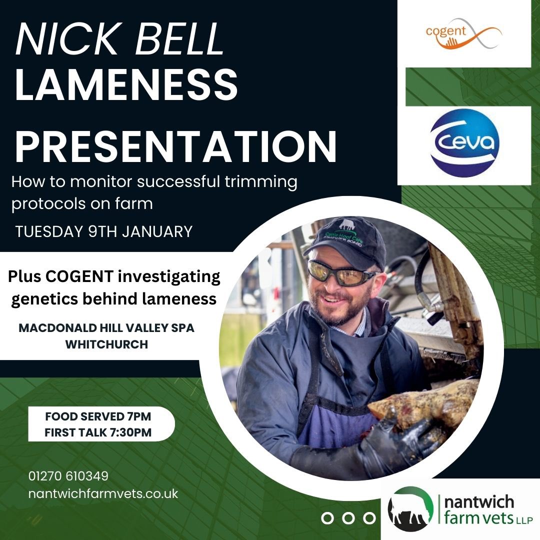 We’re proud to host a lameness evening with international expert Nick Bell discussing how to eradicate lameness. @cogentbreeding will discuss genetic influence behind lameness in cows. Tuesday 9th January, Hill Valley, Whitchurch. Food and drink provided, 7pm start, all welcome!