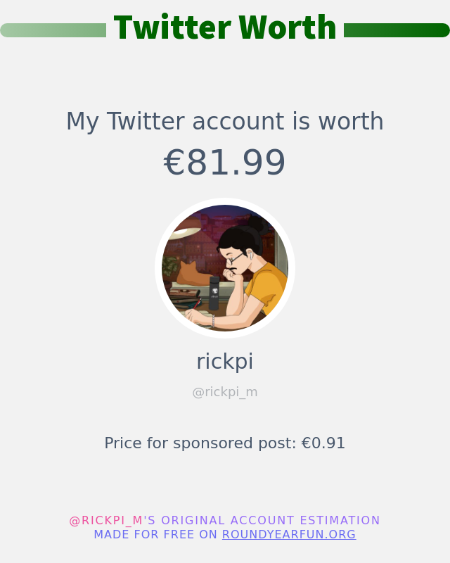 rickpi_m's tweet photo. Mon twitter vaut: €81.99

➡️ https://t.co/PWOuoHN5El https://t.co/kKHDLN4n7m