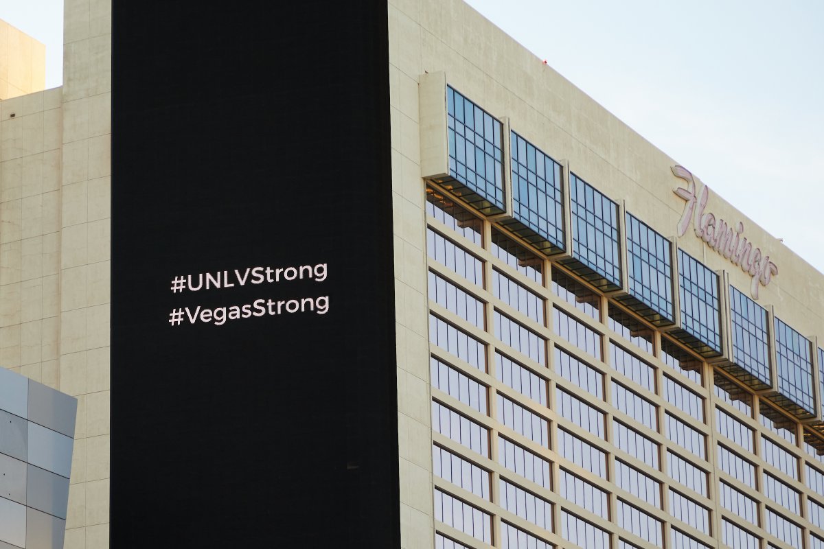 UNLV Strong and Vegas Strong on a screen at the Flamingo on the Las Vegas Strip