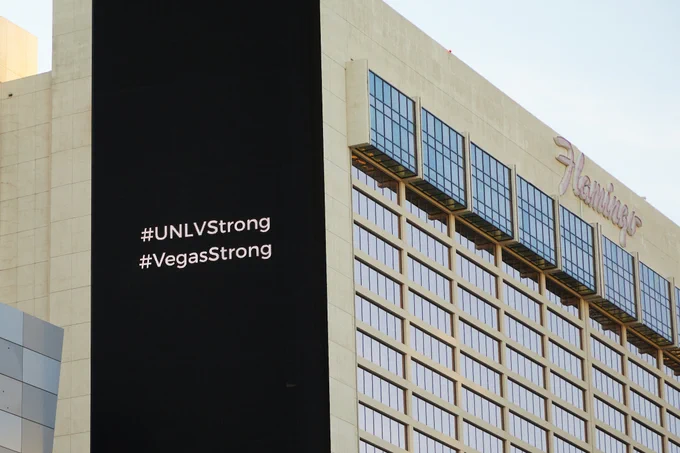 UNLV Strong and Vegas Strong on a screen at the Flamingo on the Las Vegas Strip