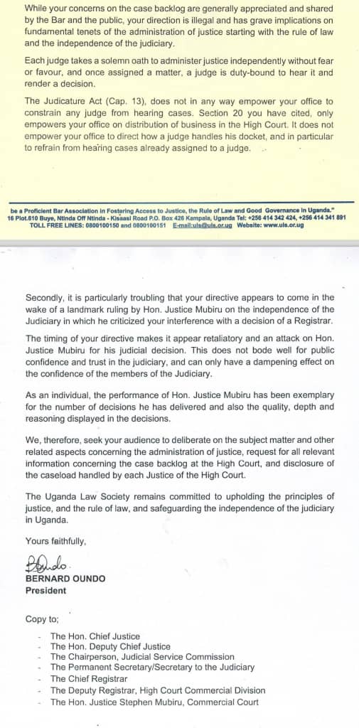 UPDATE Uganda Law Society Object Principal Judge Zeija's Directive on Justice Mubiru.