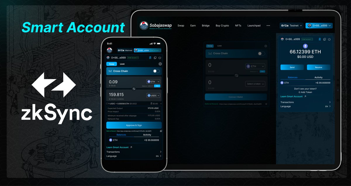 Sobajaswap's tweet photo. ⛩ Experience Account Abstraction🔥
Smart Contract Accounts (Smart Accounts)
With Sobajaswap Protocol a major new feature.
Account Abstraction This will enable a new “smart account” type that will offer a solution to this issue by providing a better user experience. 🎉
Smart Accounts allow for the implementation of arbitrary verification logic, such as multi-sig verification, and enable sponsored transactions, where users can pay transaction fees in ERC-20 tokens or with custom fee logic. 
#AccountAbstraction #DEX
@zkSync.@Be1garat,@0xsebastiena