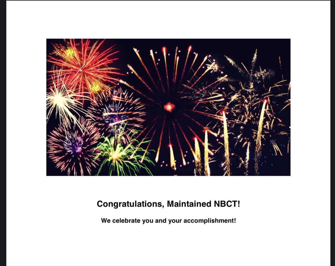 I’m so proud to remain National Board Certified! I submitted my maintenance app last spring, and it took some serious reflection and persistence, just like it did 10 years ago. I’m grateful for students, colleagues, and admin who supported me! #NBCT #NBCTstrong @CometsAH @NBPTS