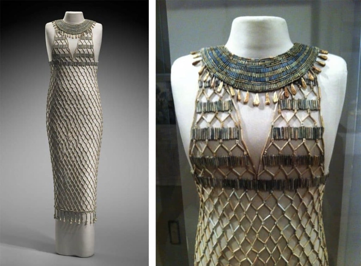 4,500 year old Egyptian dress that was painstakingly reassembled from approximately 7,000 beads which were found in an undisturbed tomb in Giza, Egypt.

The dress is thought to have belonged to a female contemporary of King Khufu (2589-2566 BC). The original strings had