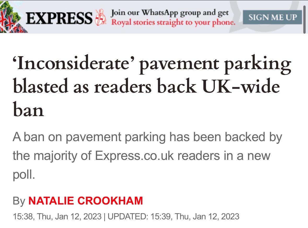 Pavement parking is dangerous and restricts mobility for the most vulnerable.

As Scotland implements its ban, I urge <a href="/transportgovuk/">Department for Transport</a> to do the same for England.

It will make an instant impact and is hugely popular. 78% of Daily Express readers back a pavement parking ban, and