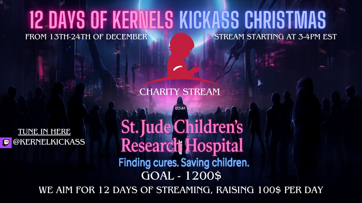 Mr_Goodstuff45's tweet image. Go give @KernelKickAss a follow and help him reach his goals for this upcoming #charitystream raising money for @StJudeResearch 12 days of fundraising for the children! There will be giveaways and incentives 🙌 Get in where you fit in! twitch.tv/kernelkickass