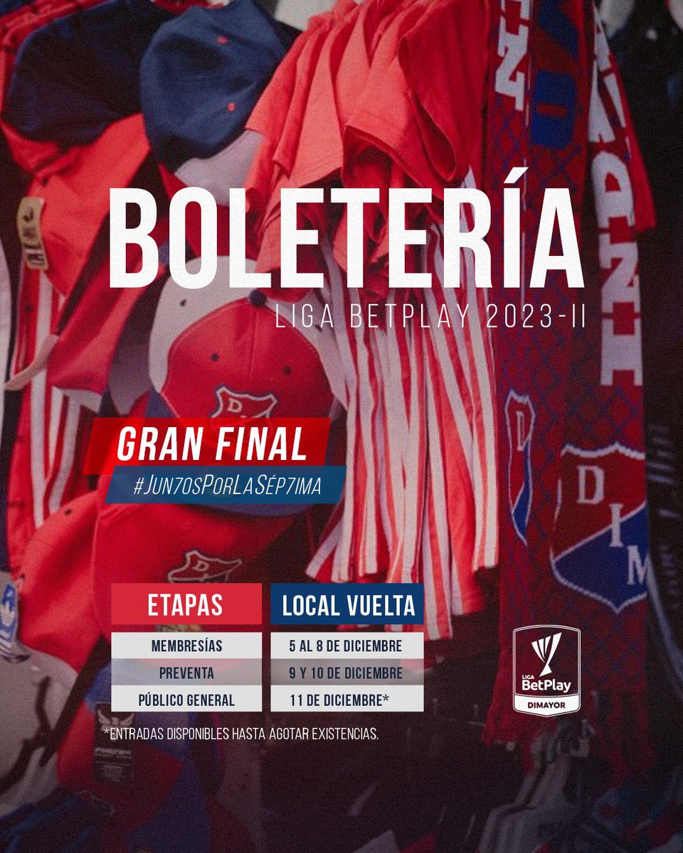 DIM_Oficial's tweet photo. [⭐🔴🔵] ¡JUN7OS POR LA SÉP7IMA!
👉 Habilitada la etapa para quienes compraron boleta para DIM vs América
⚠ Comprá por https://t.co/5zQc0YQK5w la misma cantidad de boletas a tu nombre
⏳ Plazo hasta mañana a la medianoche
⚠ Si cediste tu boleta vs América, el titular y habilitado para comprar la entrada de la final es el receptor
❌ NO está permitido el ingreso a hinchada visitante

Este año damos la vuelta con el Medellín🎶 .❤️💙

#MásFuer7esJun7os 🤜🤛