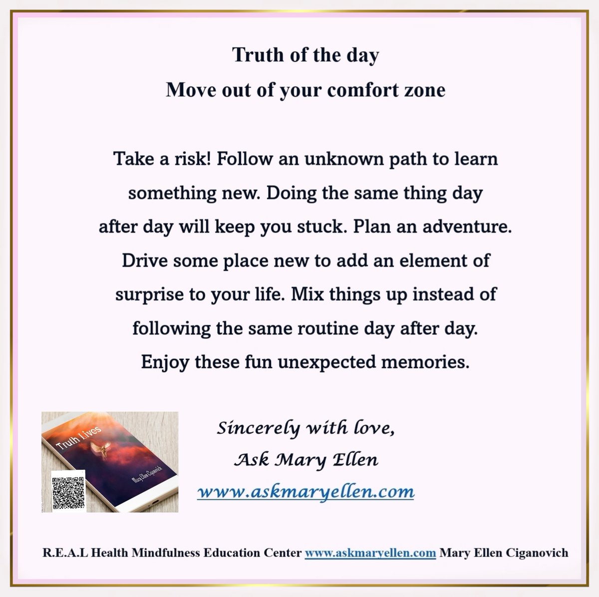 askmaryellen's tweet photo. Truth of the day: Move out of your comfort zone. Risk and move forward. #askmaryellen #Truthoftheday #TuesdaysTruth #dailydevotionals #Mindfulnesscoach Truth Lives https://t.co/O5zd8VYmVG #TruthspeakerChattanooga https://t.co/Rjb03vL3Jl
#scanQRcode https://t.co/BdYT27Ti7X