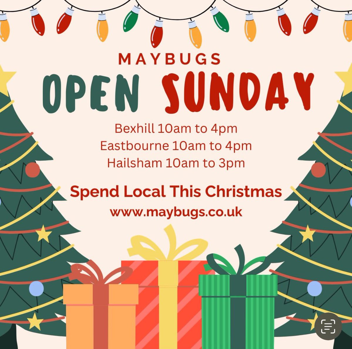 MaybugsShop's tweet photo. A huge massive thank you to everyone who shopped with us today! Despite the atrocious weather. ☔️ Not to worry though if you didn’t brave it, all our stores are open extended hours on a Sunday! 

#shopsmallshoplocal #SmallBizSatUK #eastbourne #hailsham #Bexhill https://t.co/Ys2gKgSGOF