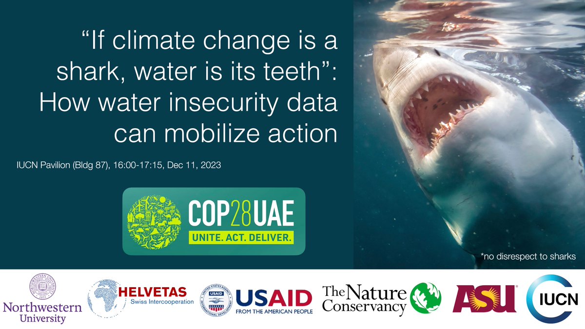 Come check out the first #geospatial data on #waterinsecurity &amp; #climatechange at <a href="/IUCN/">IUCN</a> Pavilion Dec 11, 16:00 at <a href="/COP28_UAE/">COP28 UAE</a>. Honored to share the stage w/ <a href="/RupaMukerji/">Rupa Mukerji</a> <a href="/Helvetas/">Helvetas</a> <a href="/WhatAboutWater_/">What About Water?</a> <a href="/IUCN_Water/">IUCN Water and Land Management Team</a> <a href="/USAIDMiddleEast/">USAID Middle East</a> <a href="/nature_org/">The Nature Conservancy</a> #andmanymore. #wise_scales <a href="/Gallup/">Gallup</a>