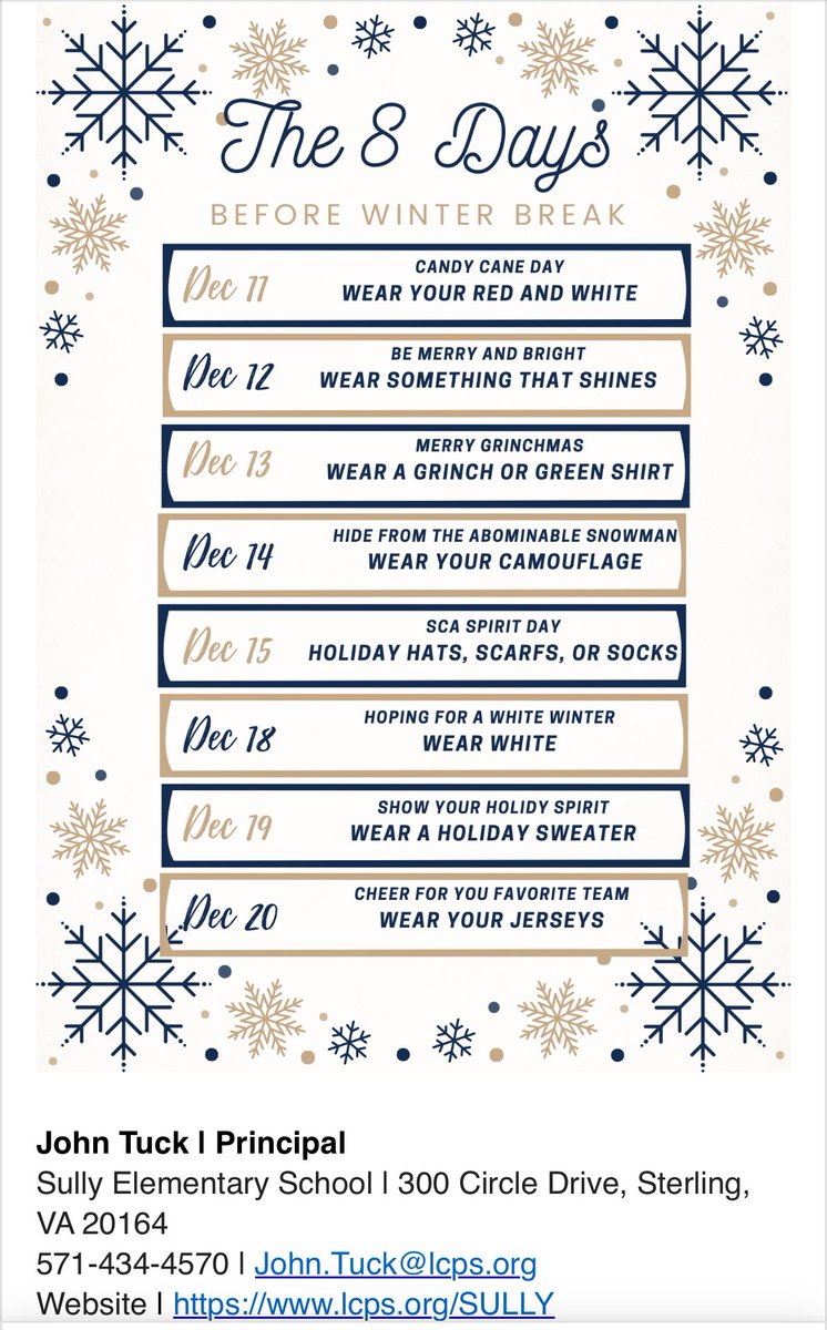 BelindaMCermola's tweet photo. Attention #SullyFashionistas our @Principal_Tuck has given more structure on #WhatToWear to @SullyES_LCPS these last 8 Days til #WinterBreak and they all count towards #BellasFashionistaHolidayDrawing so #GetPrepared for a new level of fun ππΌβ₯οΈππ§‘π -#SullyRocks https://t.co/Y4jwAGRcIl