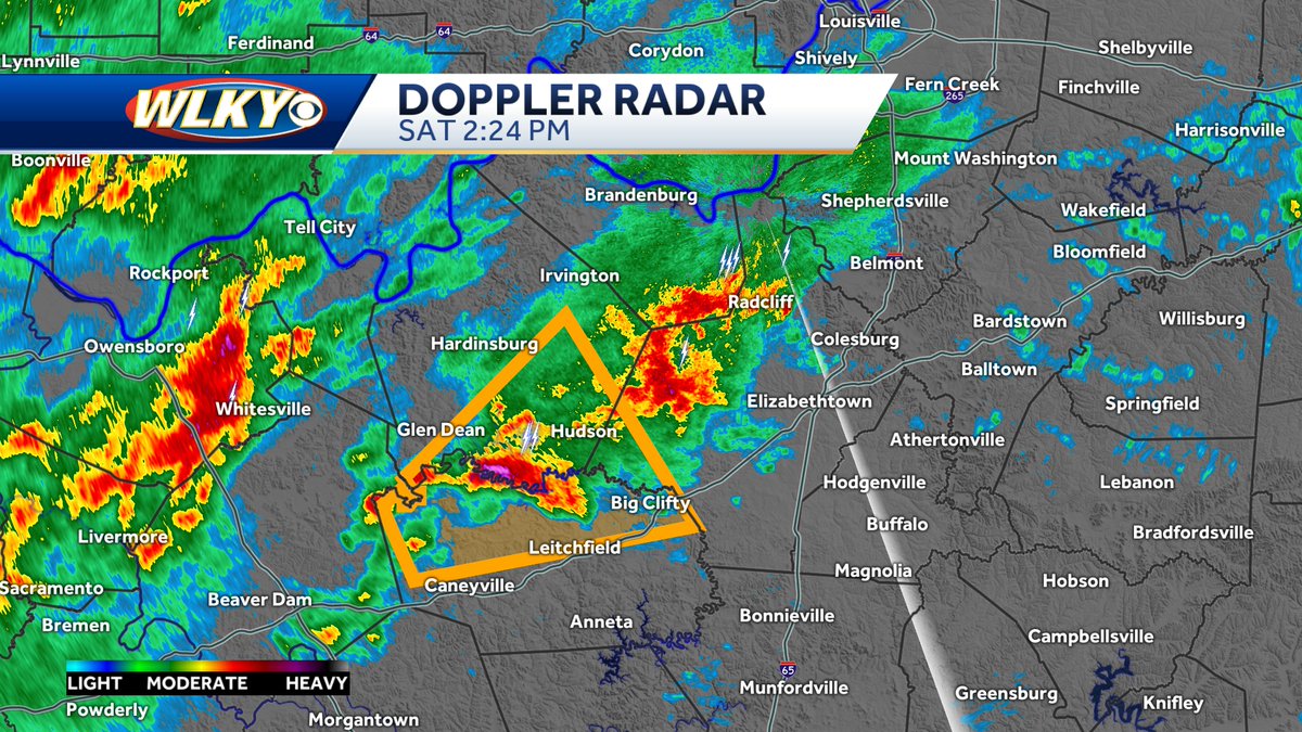 Severe Thunderstorm Warning in effect for Grayson, Breckinridge, and Hardin counties until 2:45 EST. Gusts to 60 mph possible and quarter size hail. #wlkyweather #kywx @wlky