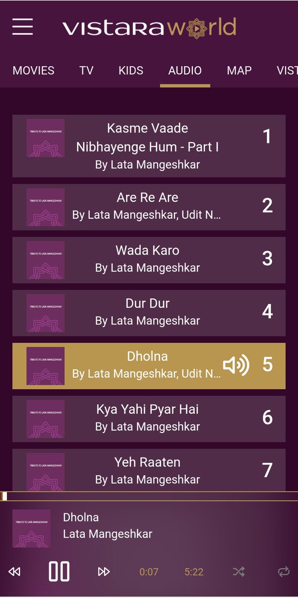 Listening one of my favourite songs Dholana by great Lataji and Udit Narayanji on #vistaraworld at around 30K feet Height in India's best airline @airvistara.
What about you?