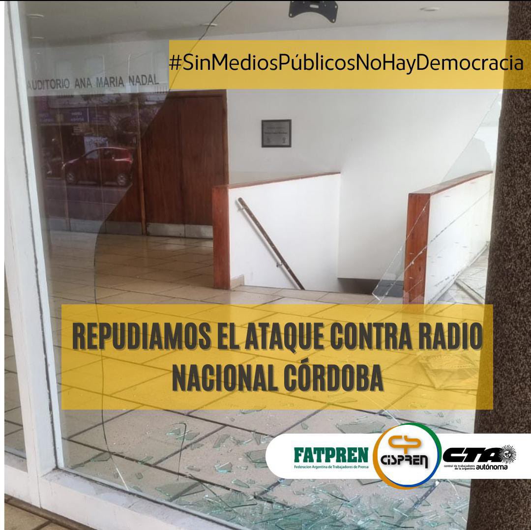 AguLecchi's tweet photo. Desde @sipreba realizamos una denuncia al Ministerio Público Fiscal por las agresiones que sufren trabajadores de medios públicos, en el marco de un clima de violencia que escaló en el último tiempo.

Hoy amaneció así Radio Nacional Córdoba

https://t.co/7u5M6xJhy0 https://t.co/jxEJJx7B7o
