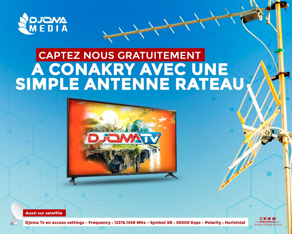 Retrouvez #djomatv gratuitement dans le grand Conakry avec une simple antenne râteau!
#djomatv aussi disponible sur satellite AMOS 16 degrés canal 0502, à travers le monde, appli DJOMA TV ( IOS et androïde) et sur nos plateformes digitales Youtube, Facebook.
#RIPcanal254