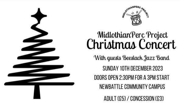 MidlothianPerc's tweet image. 🥁 Come along to our #MidlothianPercProject Christmas Concert, tomorrow @ 3pm 🥁with guests Beeslack Jazz Band 🎷

Tickets on the door £5 Ad &amp;amp; £3 Con
#Raffle #HomeBaking #Tombola #GuessTheBottle 

#MidPercTraining &amp;amp; #MidPercEnsemble
@beeslackmusic @BeeslackHigh @MusicMidlothian