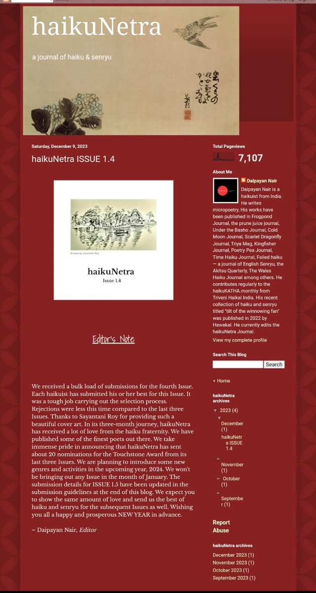 BIPASHADE1's tweet image. Super stoked to have one of my haiku featured in the current issue of haikuNetra . Thanks a lot to the editor Daipayan Nair for this inclusion.