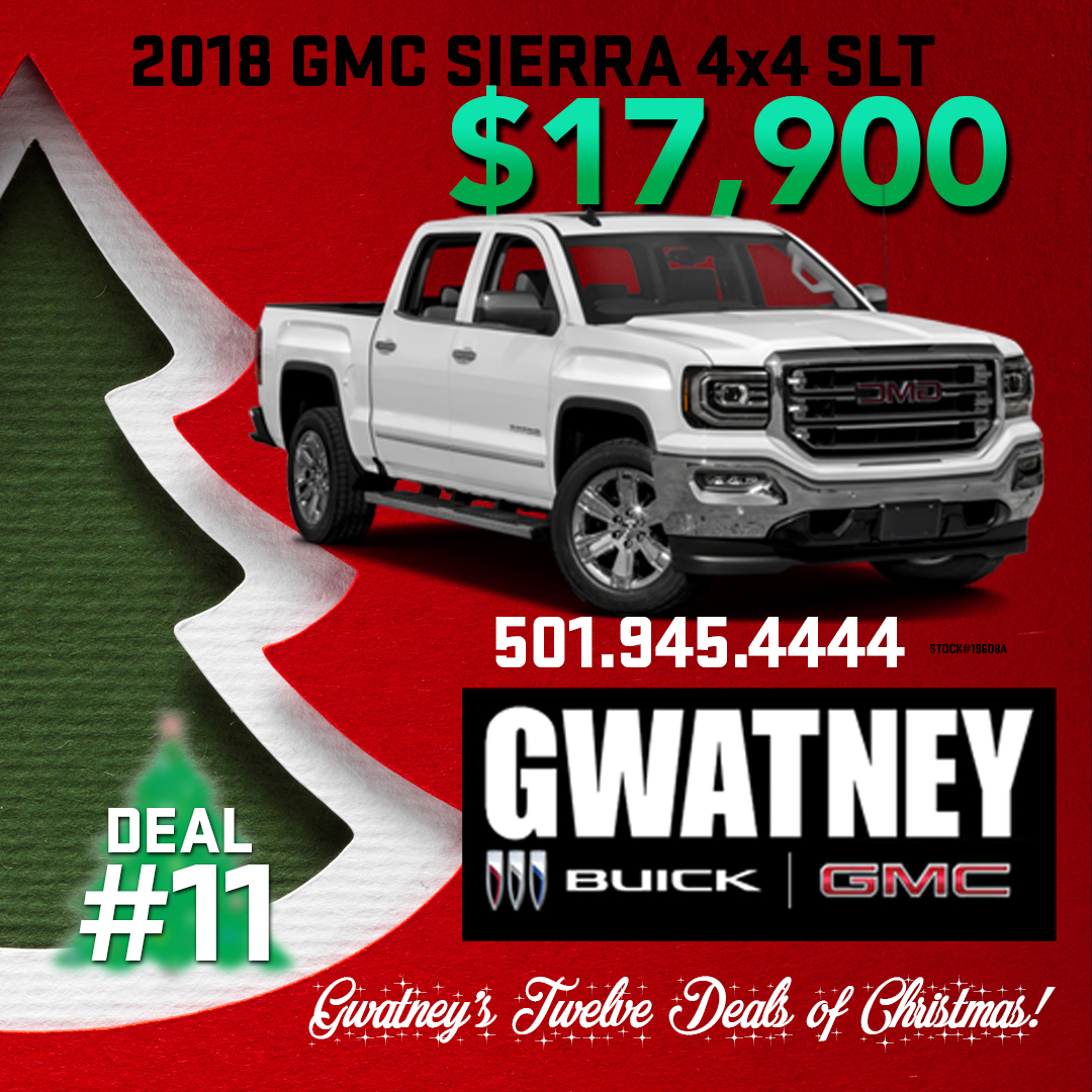 It's Gwatney Buick GMC's Twelve Deals of Christmas!  Don't get stuck in the snow this year!  Call us at 501.945.4444 and snag this 2018 GMC Sierra at just $17,900!  #GMC #sierra #gmcsierra #gwatney #truck #fourwheeldrive