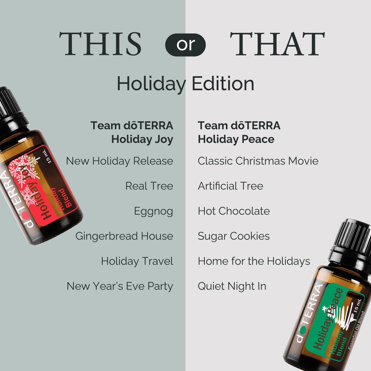 doterra's tweet photo. โจ Get ready for the ultimate holiday face-off! Are you on #TeamdoTERRAHolidayJoy or repping #TeamdoTERRAHolidayPeace? Why choose when you can have both? Immerse yourself in festive magic with our incredible holiday blends for an elevated celebration! ๐๐ #FestiveFaceOff https://t.co/oDmQheACMq