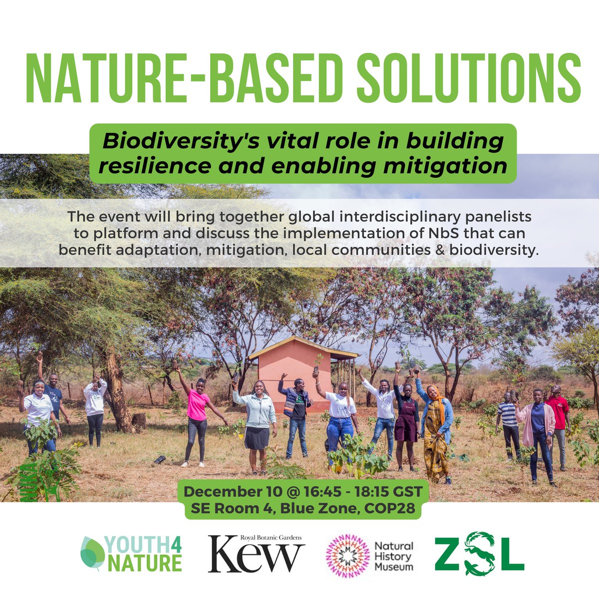 Are you at #COP28? Join us today at 16:45 GST in Side Event Room 4 (B6 83) for conversations about #NbS for #adaptation, #mitigation, local #communities and #biodiversity! 🌿📣👇🏿