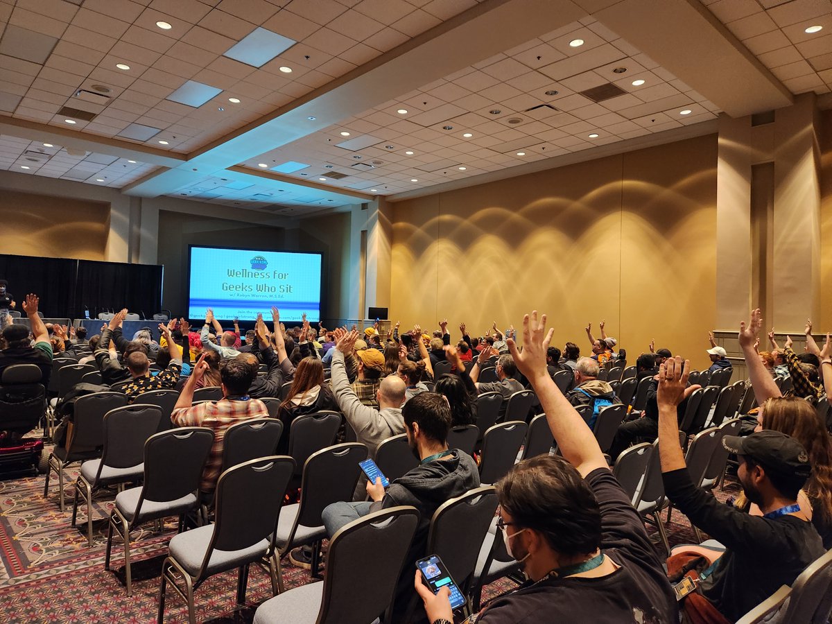 geekgirlstrong's tweet photo. The I can’t believe #PAXUnplugged was a week ago already post.

💜 #WellnessforGeeksWhoSit crowd
💜 Incorrect deltoid stretch example
💜 Seated lunge stretch
💜 “You crashed my glucose!” (They were impressed &amp; okay) https://t.co/dhZuDN2Z5D