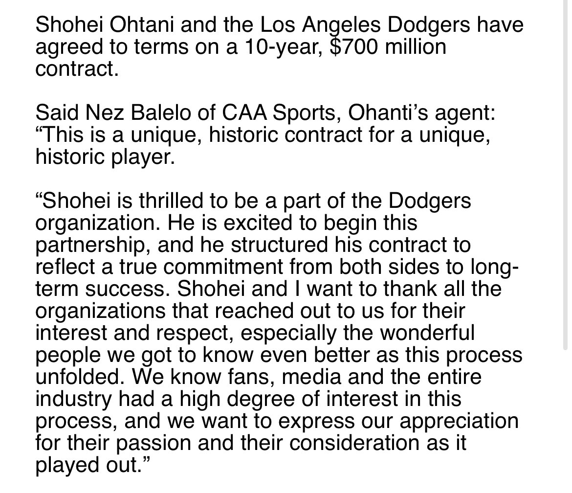 Shohei Ohtani’s contract is 10 years and $700 million. Good lord. From his agency …