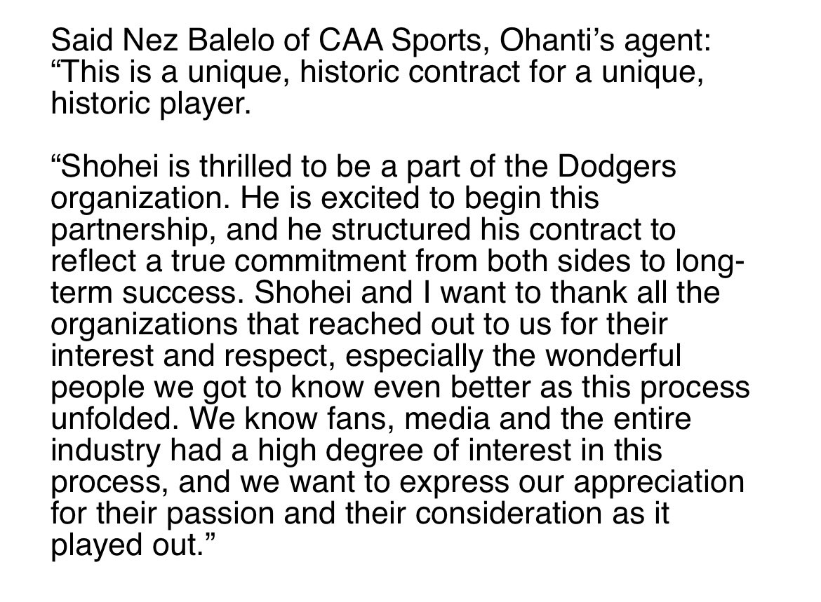 Ohtani’s deal is for 10 years and $700 million. Here’s a statement from his agent, Nez Balelo of CAA: