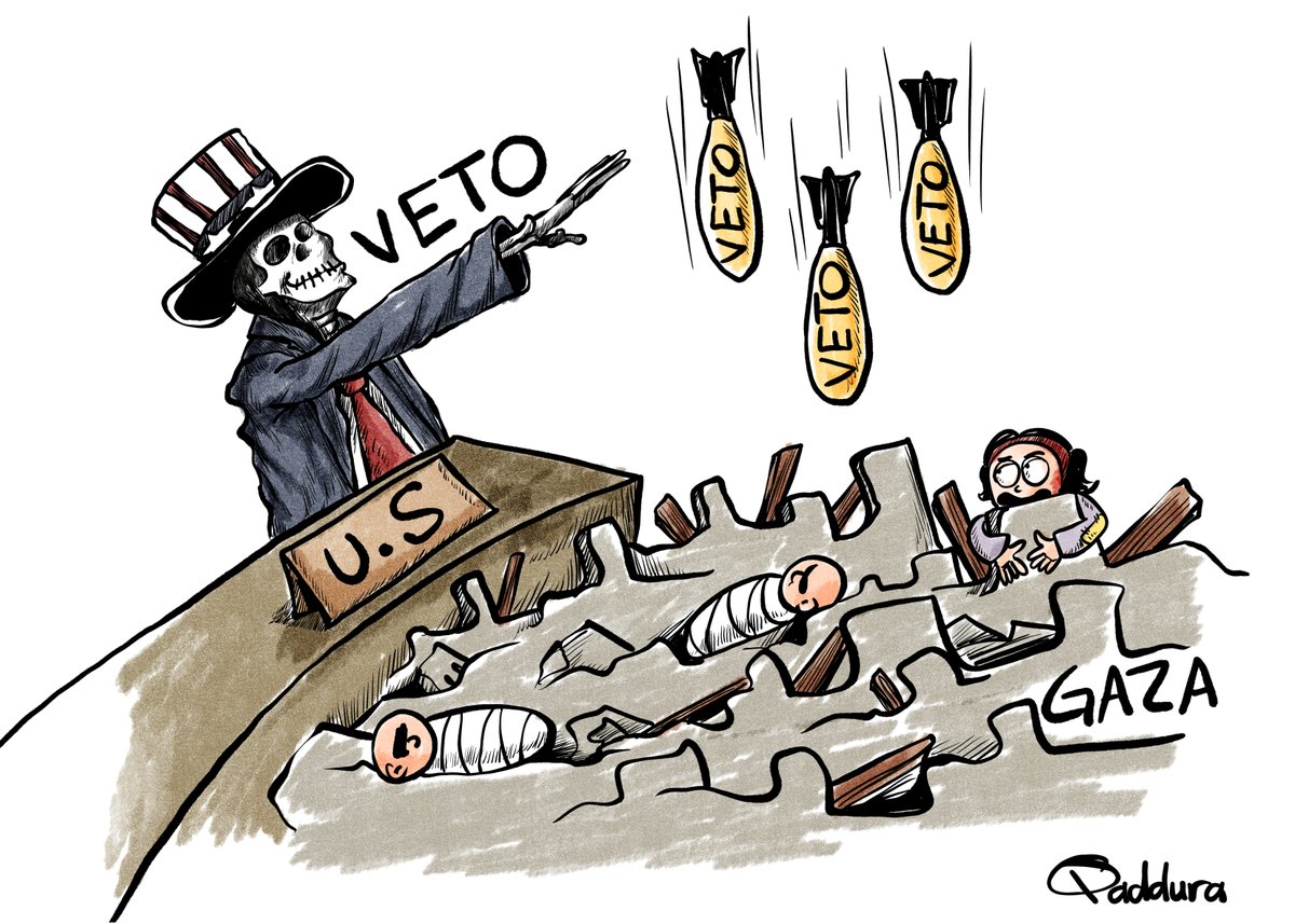 US vetoes resolution on Gaza which called for ‘immediate humanitarian ceasefire’
Cartoon Ahmad Qaddura
#Amnesty #GazaGenocide #USA