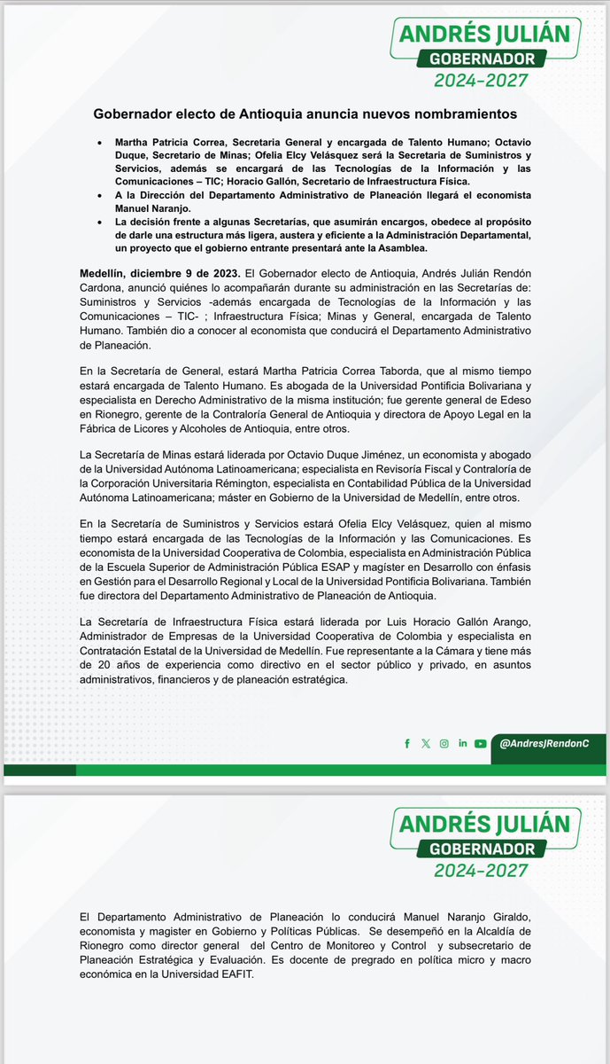 Antioqueños, les presento estos nuevos nombramientos. 
La decisión sobre  algunas Secretarías, que asumirán encargos, obedece al propósito de darle una estructura más ligera, austera y eficiente a la Administración Departamental, un proyecto que presentaremos ante la Asamblea.