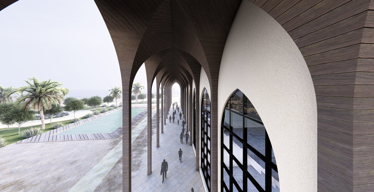 mfq441's tweet photo. اللغة المستخدمة بالمشروع مستلهمة من عناصر العمارة الحجازية: الروشان، المشربيات، الاقواس، الرواق. https://t.co/oec2H5yL3b
