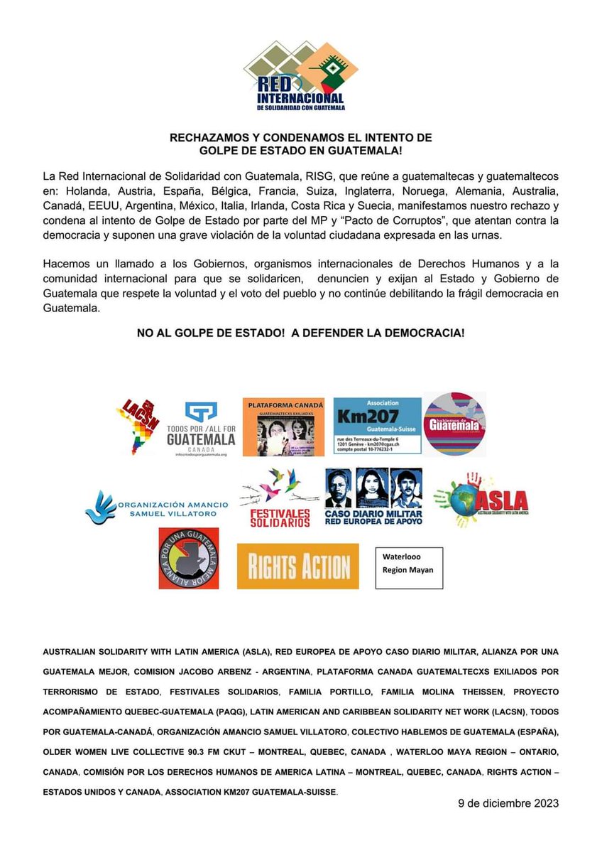 #NoAlGolpeDeEstado #NoAlPactoDeCorruptos
RECHAZAMOS Y CONDENAMOS EL INTENTO DE GOLPE DE ESTADO EN GUATEMALA!
NO AL GOLPE DE ESTADO! A DEFENDER LA DEMOCRACIA!