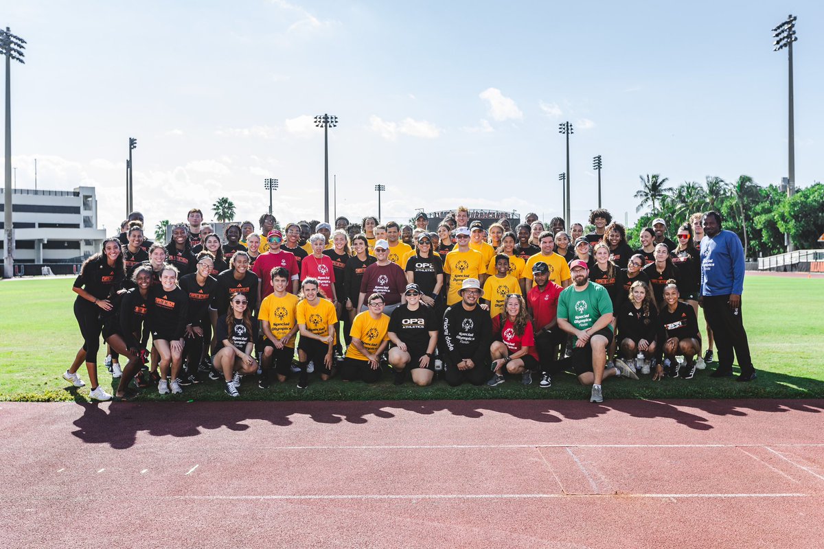 CanesTrack's tweet photo. We had a great time hosting the Special Olympics - South Florida group at Cobb Stadium today to learn the basics of track and field! ๐โค๏ธ https://t.co/NPS6KfMR3Z