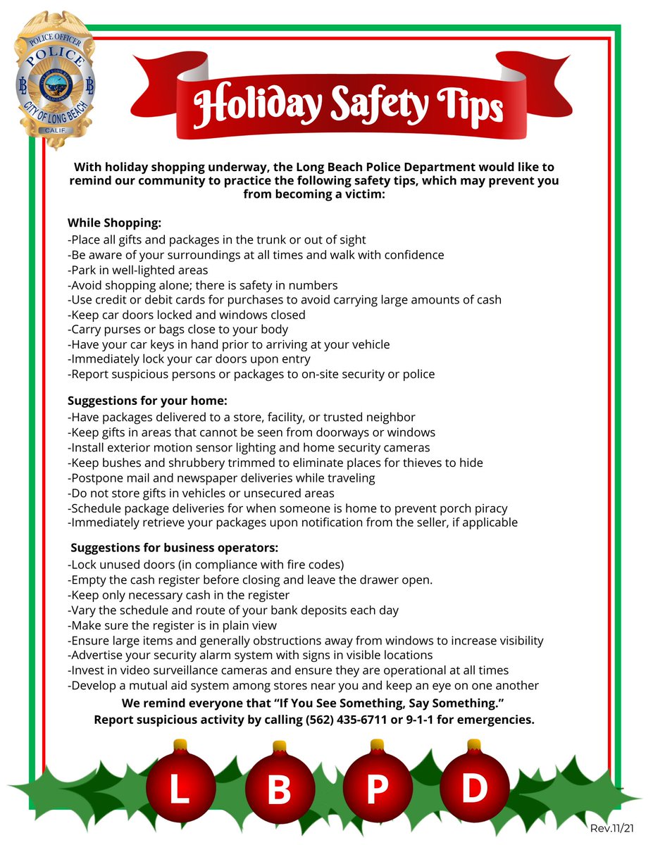 The holiday season is here, and we urge our community to follow these safety tips to keep the season jolly. 🎁 ❄️

Please see the flyer below or read here⤵️
bit.ly/47YearZ
