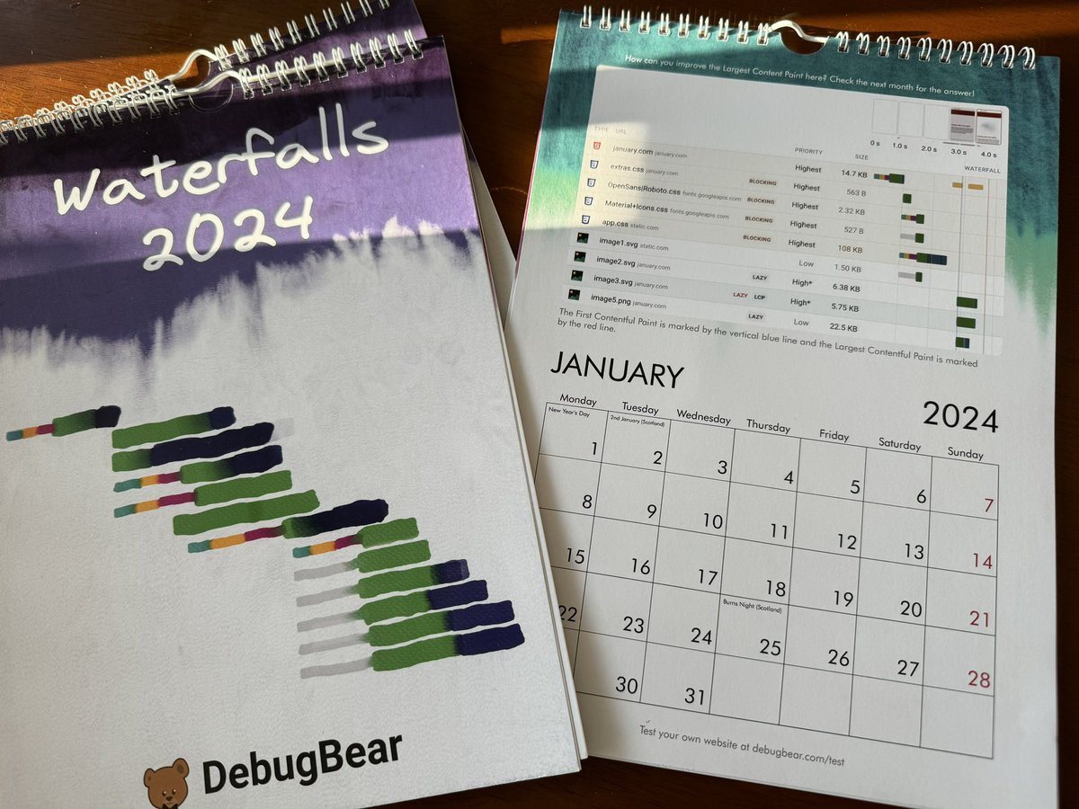 Christmas came early! Just got these awesome @DebugBear web performance calendars in the mail. Thanks so much @mattzeunert !!!