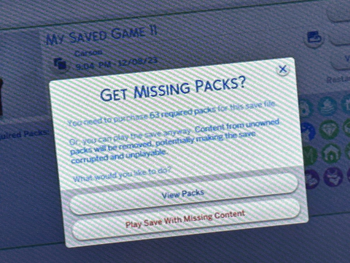 AwkwardArtist87's tweet photo. Um… what the EFF?? @TheSimsDirect @TheSims
I have all the packs used in MY save file and yet I get this notification. What is going on here?
#Sims4 #sims4bug https://t.co/zBbbJYJTv6