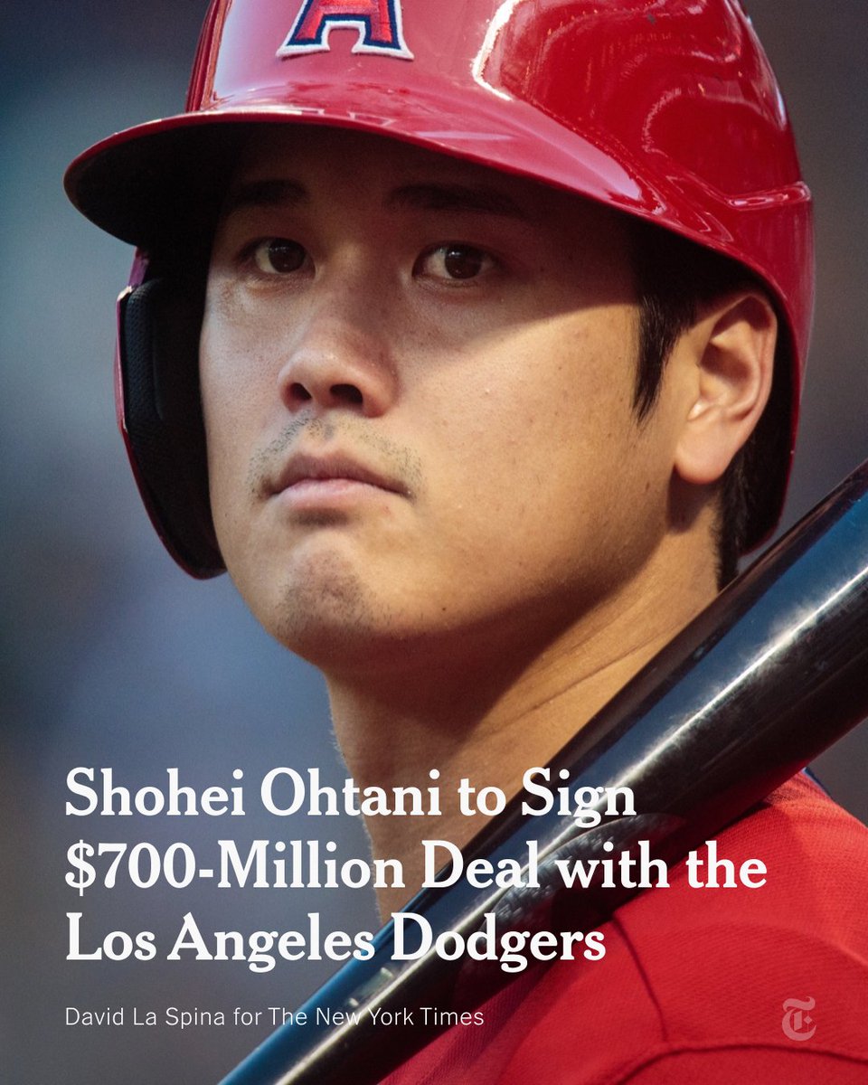 nytimes's tweet photo. Breaking News from @TheAthletic: The MLB star Shohei Ohtani will sign with the Los Angeles Dodgers for a record $700 million, his agents said. https://t.co/9fXirhADiJ https://t.co/1eoMQbg6Ov