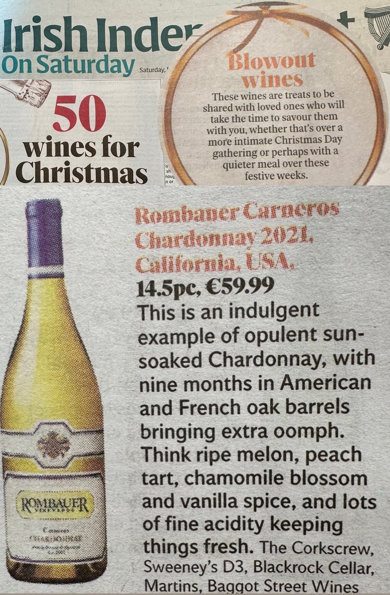 Thrilled to see Rombauer Chardonnay snag a spot in @AoifeCarrigy_ ’s Top 50 Wines for Christmas in the Irish Independent! 🎄🍷