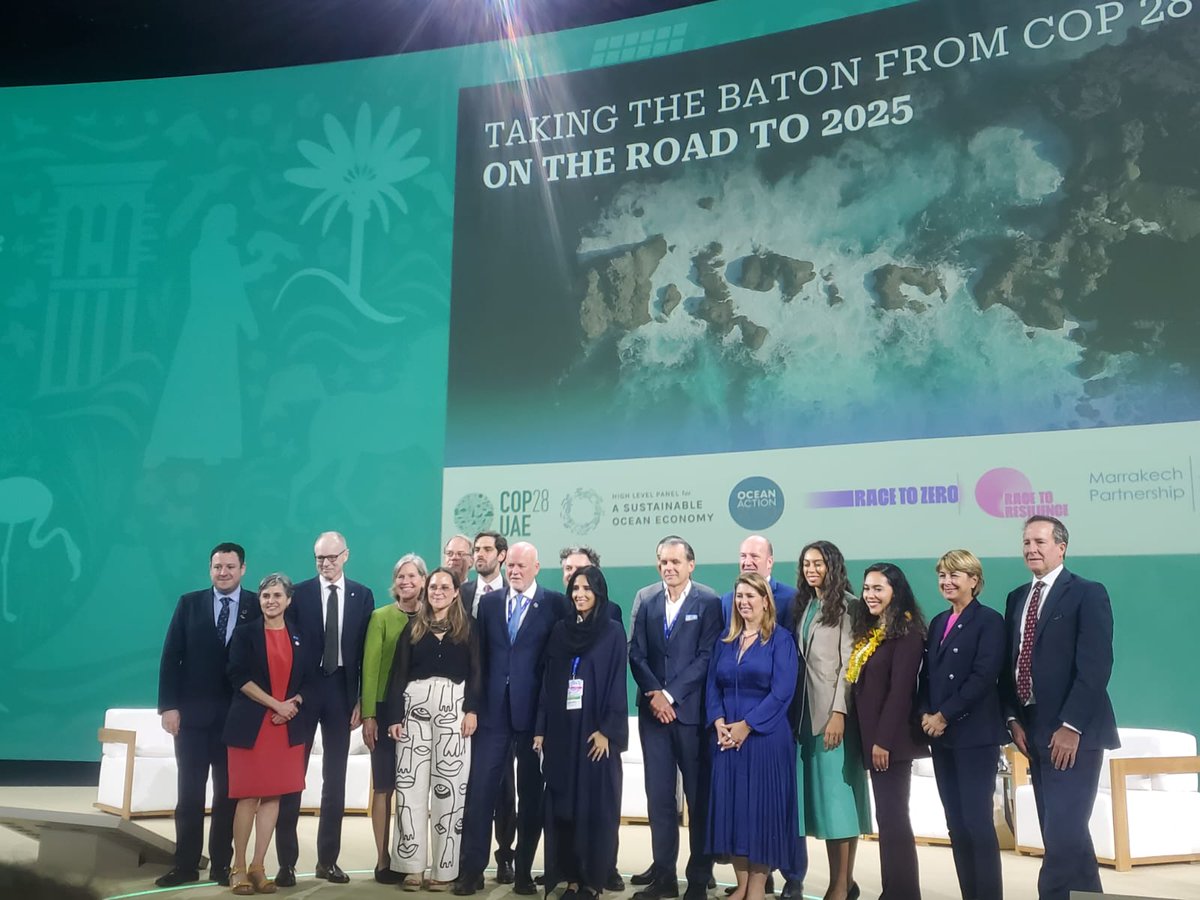 ocean_climate's tweet photo. [#COP28] For #NatureDay, @ocean_climate, @hlcchampions, @oceanpanel & @COP28_UAE convened the Ocean High Level Event: “Powering #OceanBreakthroughs with 100% Sustainable #Ocean Management” 

The 1st panel gathered representatives of countries members of the @oceanpanel. They detailed their efforts to develop Sustainable Ocean Plans and achieve the Ocean Breakthroughs 👇
👉Norway🇳🇴& Mexico🇲🇽 are working towards the sustainable management of their waters, in line with the Ocean Panel’s target of 100% of the ocean sustainably managed by 2025
👉@rickspinradnoaa @NOAA details some of the U.S.’s🇺🇸 Ocean Climate Action Plan goals: (1) Create a carbon neutral future by working with IMO countries to achieve zero emissions for shipping by 2050 (2) Accelerate the solutions from coastal ecosystems for carbon sequestration & adaptation (3) Enhance community resilience
👉Mark Lambrides presented @OAS_official recent commitments including the endorsement of the Nassau Declaration for #SustainableDevelopment to protect the ocean and sustainable water management. 
👉@CBarzuna @WRIClimate announced the launch of the assistance fund "Ocean Action 2030" which focuses on helping countries in developing & implementing comprehensive Sustainable Ocean Plans. Sustainable plans must be participatory, transparent, and focused on actionable steps towards a sustainable ocean future.
----
During a second panel discussion, Non State Actors showcased leadership in their respective sectors in support of the #OceanBreakthroughs 👇
💰@karen_sack @orraanews announced that the Deutsche Bank became the first bank to join #BackBlue: a Blue Finance Commitment which ensures that a sustainable and regenerating ocean has a seat at the table in finance and insurance decisions.
🪸@SCMGardner @UNEnvironment announced the commitment of 200 millions dollars from the Global Fund for Coral Reefs, as part of the launch of the #CoralBreakthrough
🚢Advocating for a shipping sector 100% decarbonised by 2050, Mr Nikolaus H. Schües @laeisz also pointed towards biodiversity goals by announcing the launch of the 2030 Shipping Pact as part of the #ShippingBreakthrough, to avoid further biodiversity loss.

Discover the Ocean Breakthroughs 👉 https://t.co/817bqeuuqi