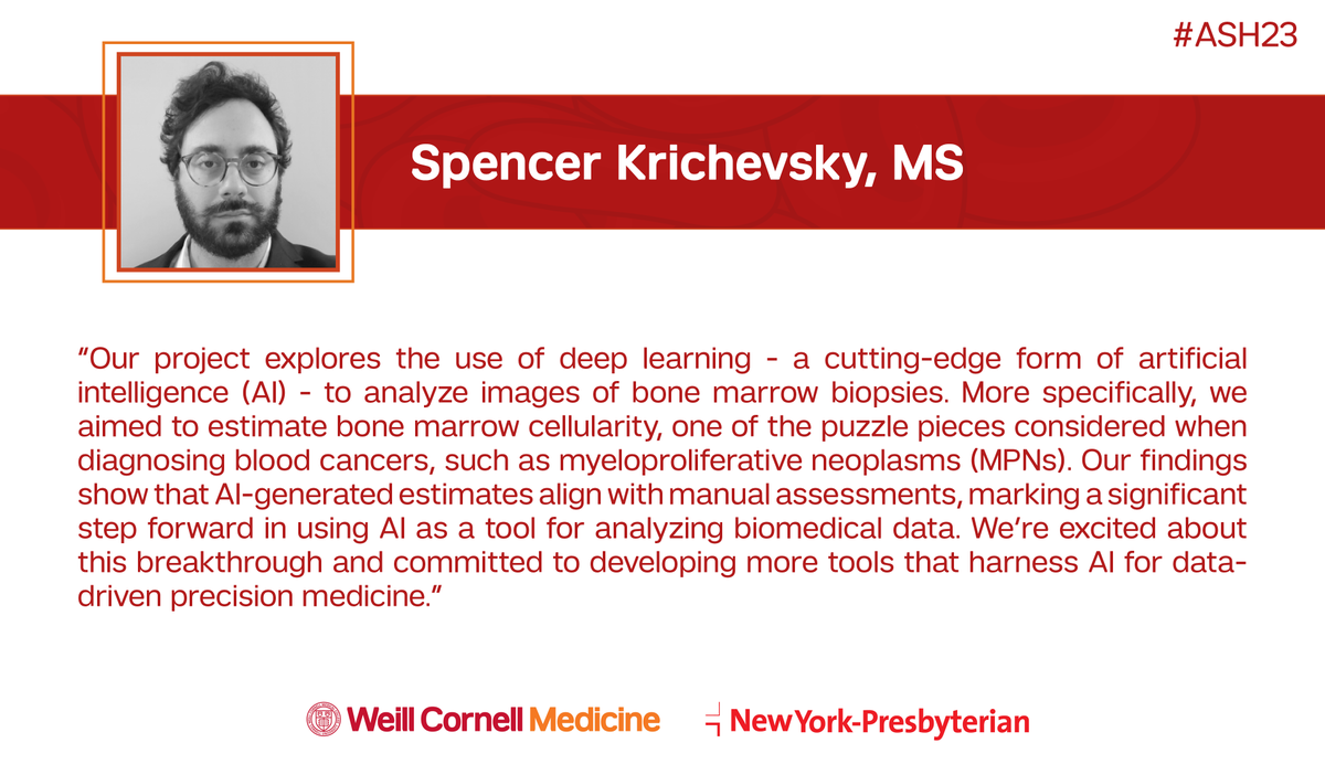 Utilizing sophisticated artificial Intelligence (#AI) and deep learning has enabled researchers @WeillCornell & @StonyBrookMed to better analyze bone marrow cellularity in #MyeloproliferativeNeoplasm patients which could impact #PrecisionMedicine: bit.ly/46IN72H #ASH23