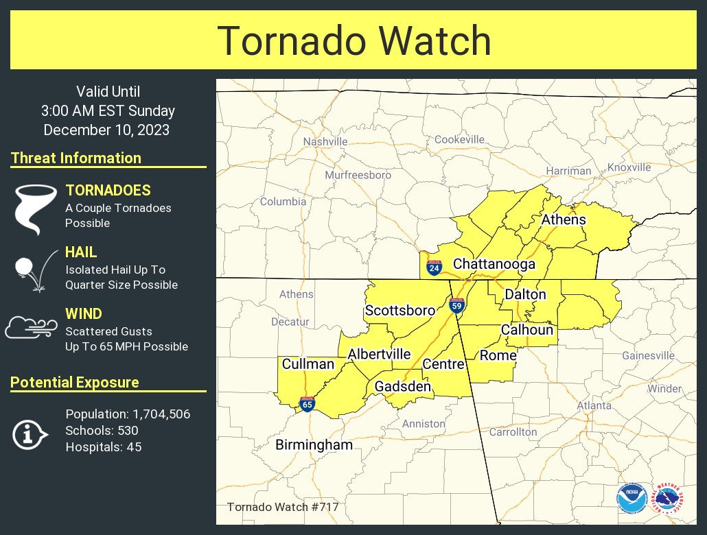 NWSAtlanta's tweet image. A tornado watch has been issued for parts of Alabama, Georgia and Tennessee until 3 AM EST