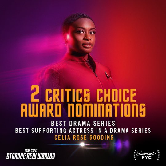 Congrats @celiargooding and the entire company of Strange new Worlds on @StarTrekOnPPlus for their @CriticsChoice nominations!! 👽
