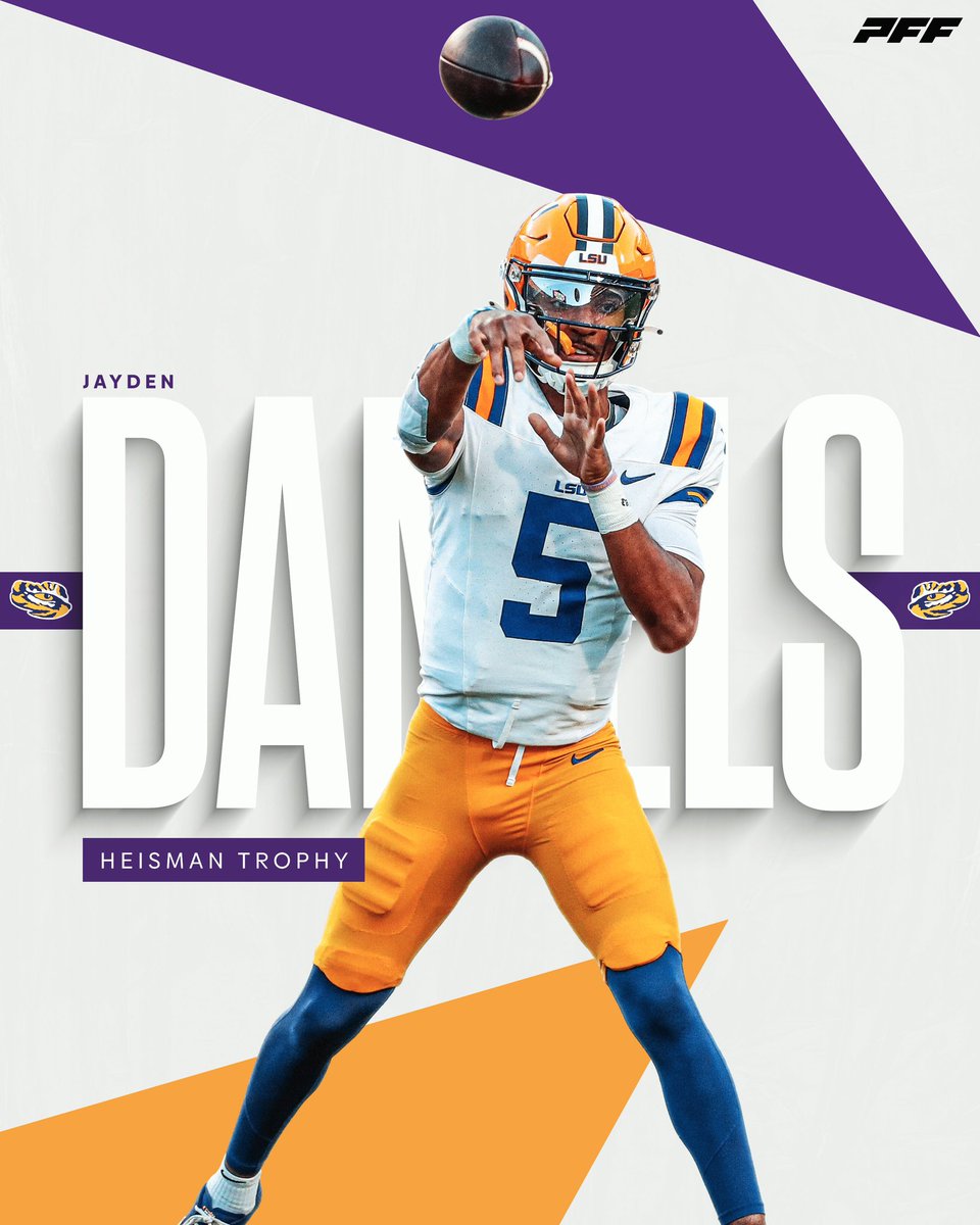 PFF_College's tweet photo. JAYDEN DANIELS IS THE 2023 HEISMAN WINNER🐯 https://t.co/wiSLw6GGKO