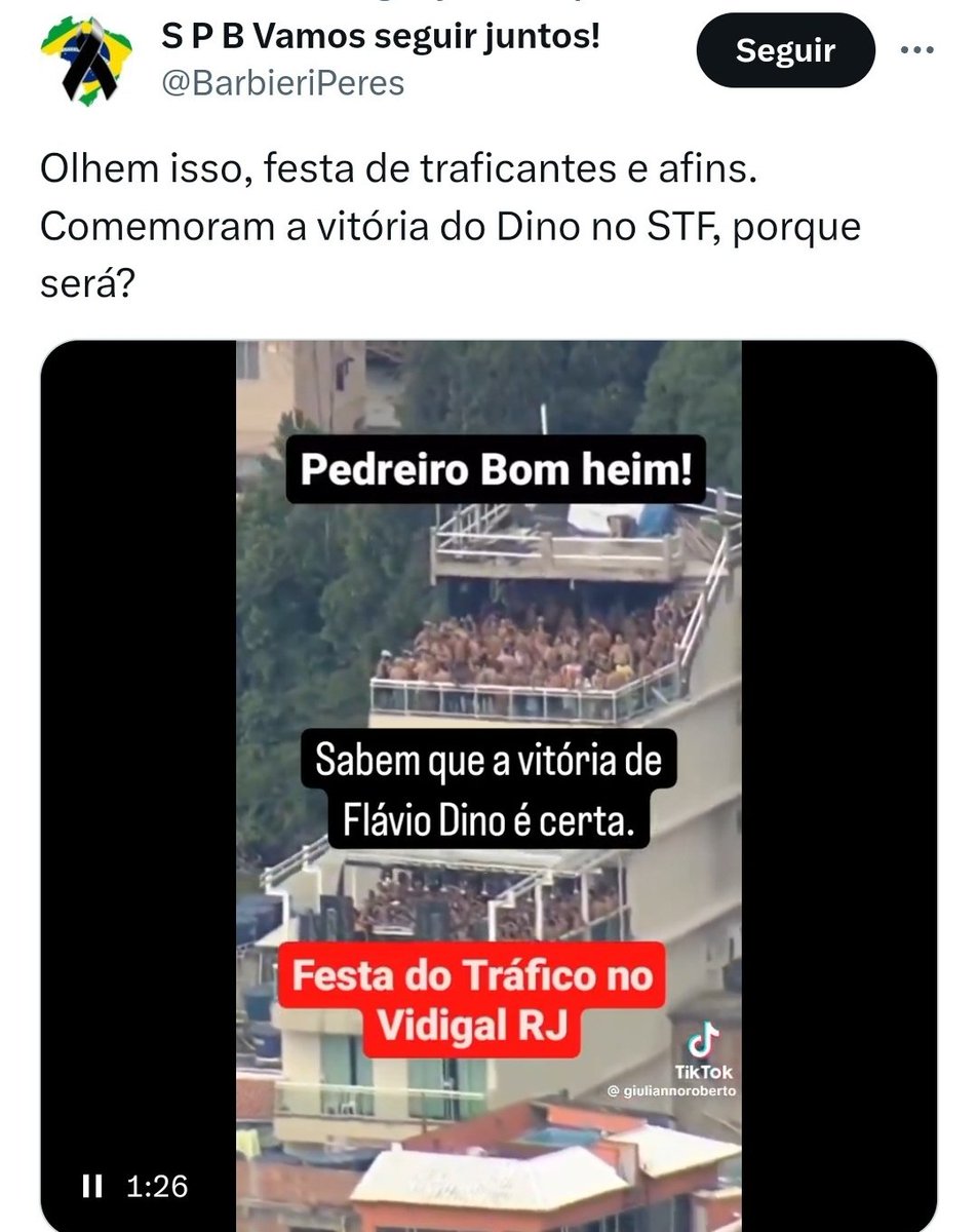 DENÚNCIA: os bolsonaristas estão disparando Fake News em massa para tentar intervir na aprovação do Flávio Dino no senado. Este perfil aqui, por exemplo, está dizendo que os traficantes fizeram uma festa para comemorar a indicação do Dino. A foto em questão é de 2021. Esse tipo