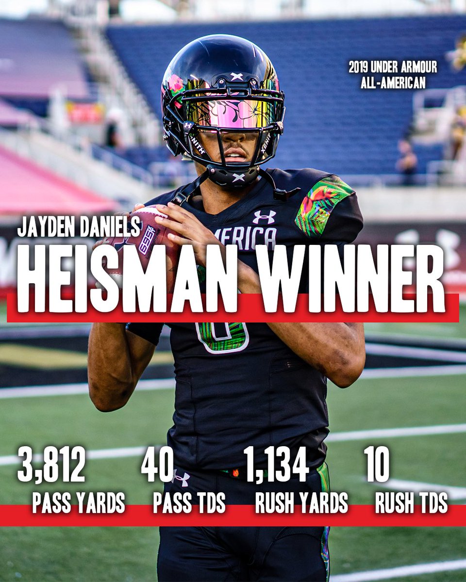 Billy Tucker (@theucreport) on Twitter photo HEISMAN WINNER 🏆
After an incredible season, Jayden Daniels joins Kyler Murray and Jameis Winston as the third Under Armour All-America game alum to win college football’s top individual honor 👏
<a href="/UANextFootball/">All-America Game</a> | #UANext HEISMAN WINNER 🏆
After an incredible season, Jayden Daniels joins Kyler Murray and Jameis Winston as the third Under Armour All-America game alum to win college football’s top individual honor 👏
<a href="/UANextFootball/">All-America Game</a> | #UANext