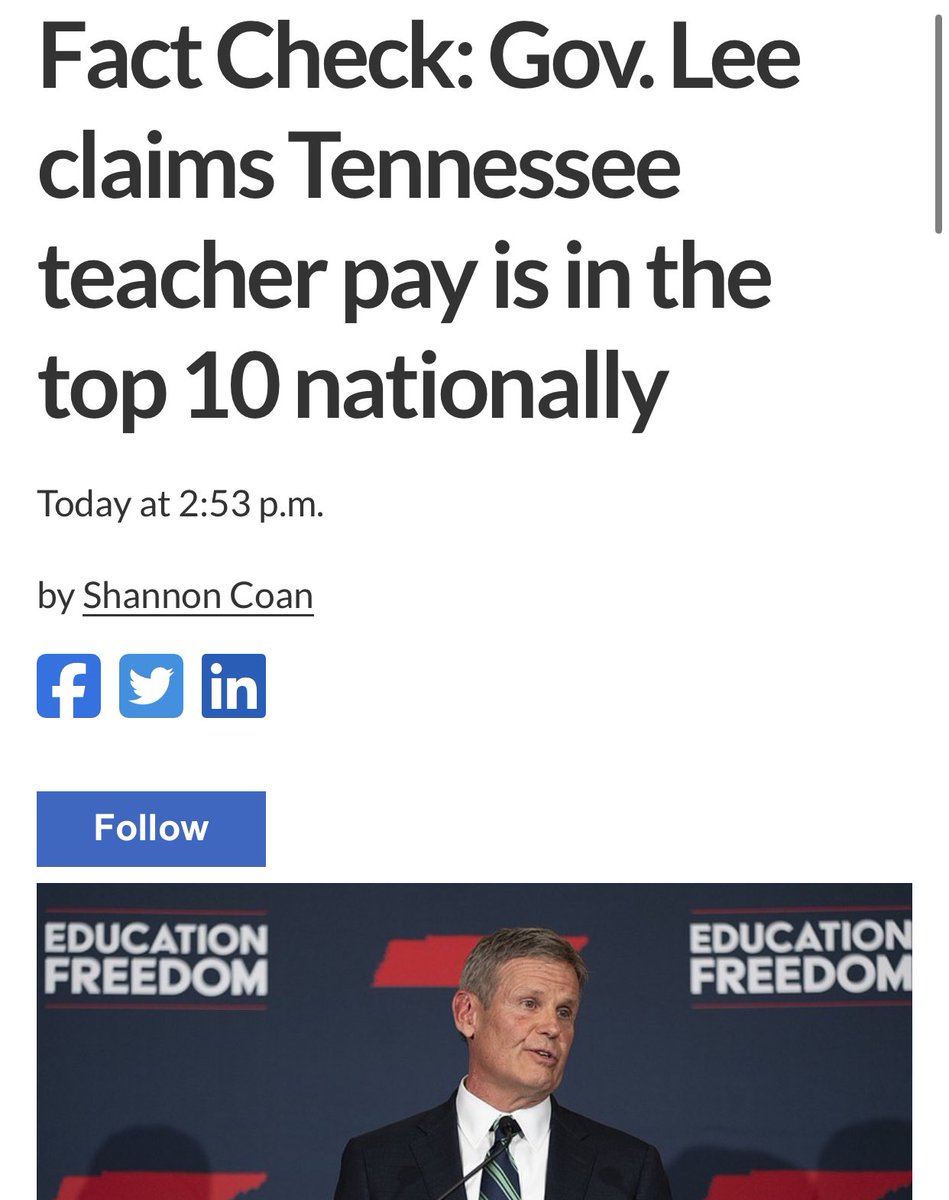 The Tennessee Holler (@thetnholler) on Twitter photo 🤥 FACT-CHECK: <a href="/GovBillLee/">Gov. Bill Lee</a> claimed on a radio show Tennessee is top 10 in teacher pay — <a href="/TimesFreePress/">Times Free Press</a> rightly notes we are BOTTOM 10. Lee’s Lies are endless.
timesfreepress.com/news/2023/dec/… 🤥 FACT-CHECK: <a href="/GovBillLee/">Gov. Bill Lee</a> claimed on a radio show Tennessee is top 10 in teacher pay — <a href="/TimesFreePress/">Times Free Press</a> rightly notes we are BOTTOM 10. Lee’s Lies are endless.
timesfreepress.com/news/2023/dec/…