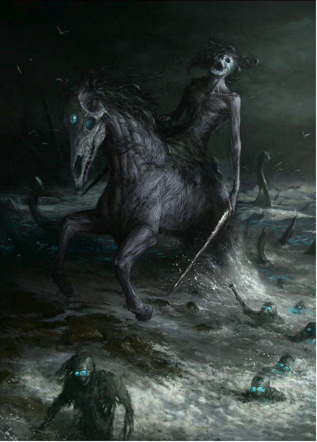 threeravenspod's tweet photo. #FokloreSunday A scary winter spirit is the Nuckelavee, native to Orkney. Once summer fades, it emerges from the cold ocean, half-man, half-horse, with a single red eye and no skin. Its breath withers all, but it fears fresh water, unable to cross streams or endure falling rain. https://t.co/oKc0c0FTsm