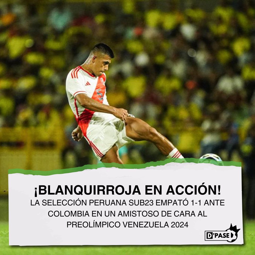 ¡BLANQUIRROJA EN ACCIÓN! La selección peruana Sub23 empató 1-1 ante Colombia de cara al Preolímpico Venezuela 2024. ⚽️: Kervin Calderón/Víctor Guzmán Próximo amistoso ante el mismo rival el día martes en Barranquilla. #Dpase #selecciónperuana ✍🏻: @ValeriaNoriegaF