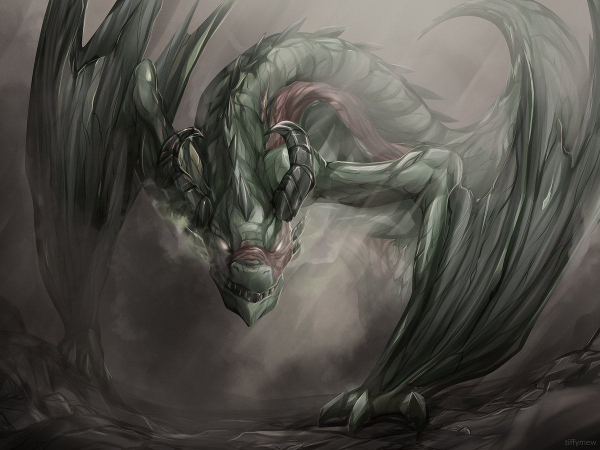 tiffymew's tweet photo. had a great time painting this lovely undead wyvern for a friend! ☠️🐲 (featuring dramatic fog) https://t.co/HavXPmjxGL